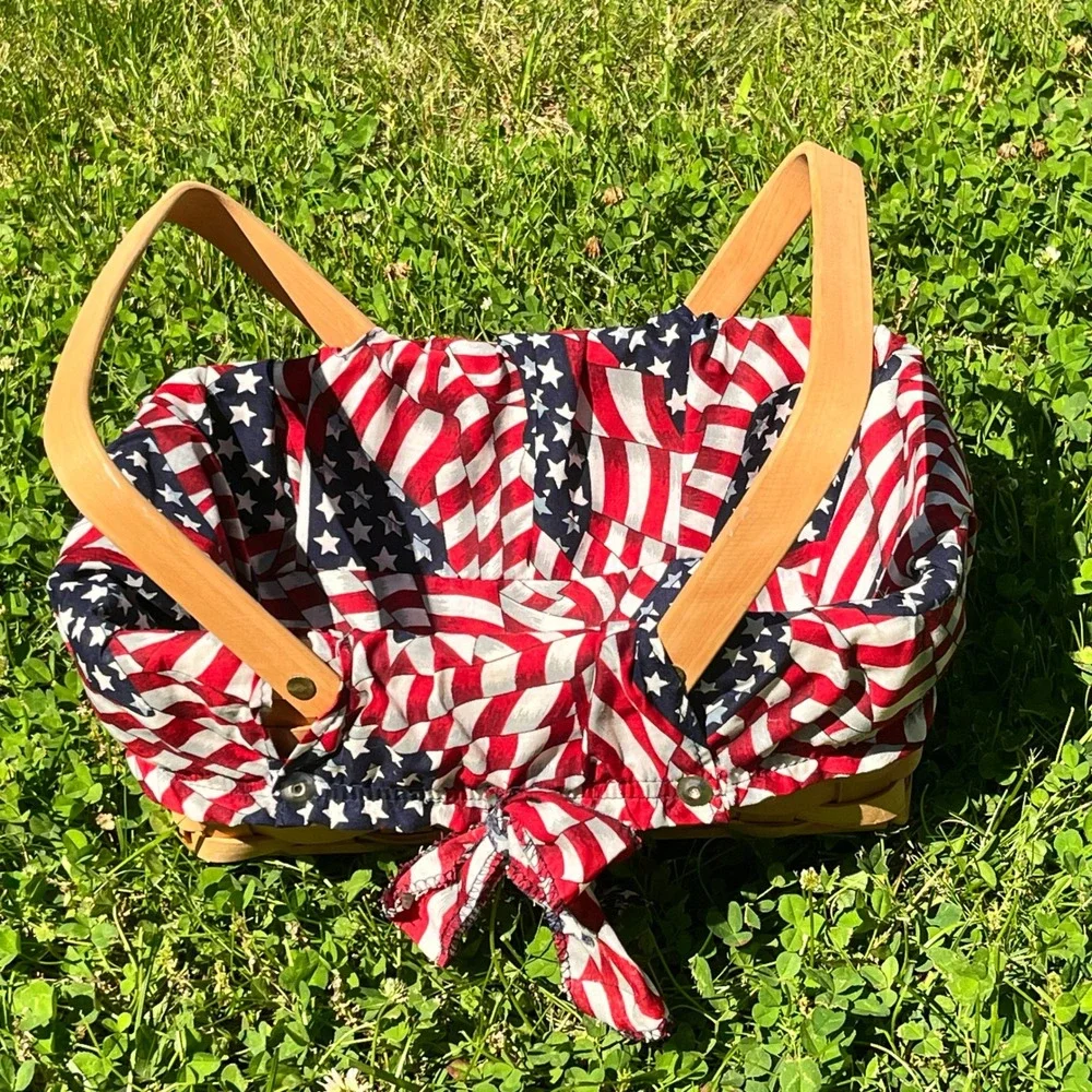 Vintage Double Articulated Handled Basket With Flag Patriotic Liner 12